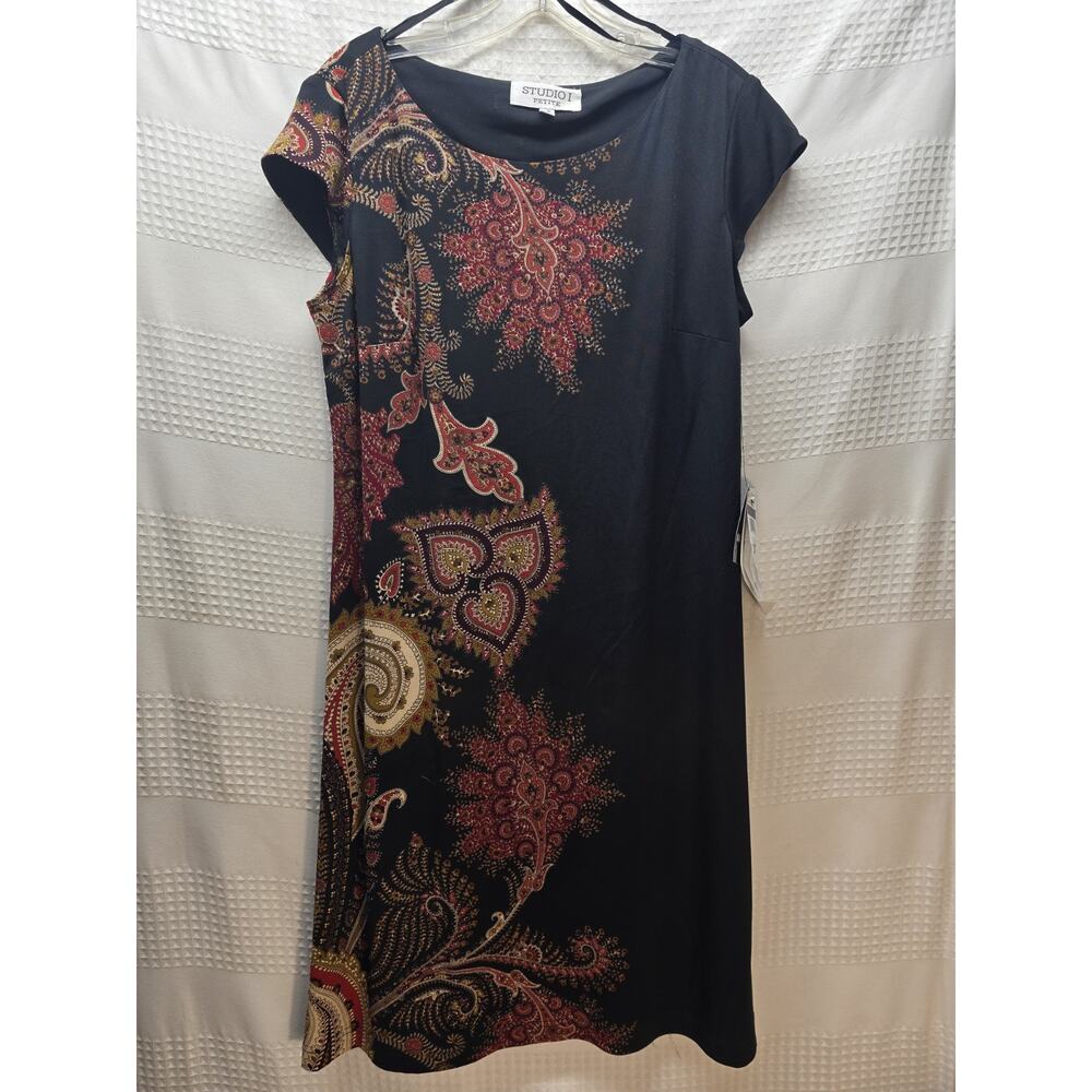 Studio 1 Petite Dress Black Floral Aline Floral Short Sleeve size 12 Petite
